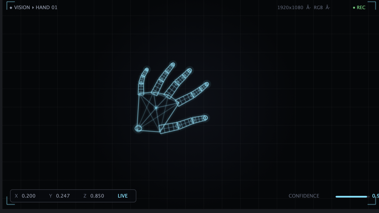 Hand tracking visualisation with twenty-one cyan wireframe landmarks and HUD overlay