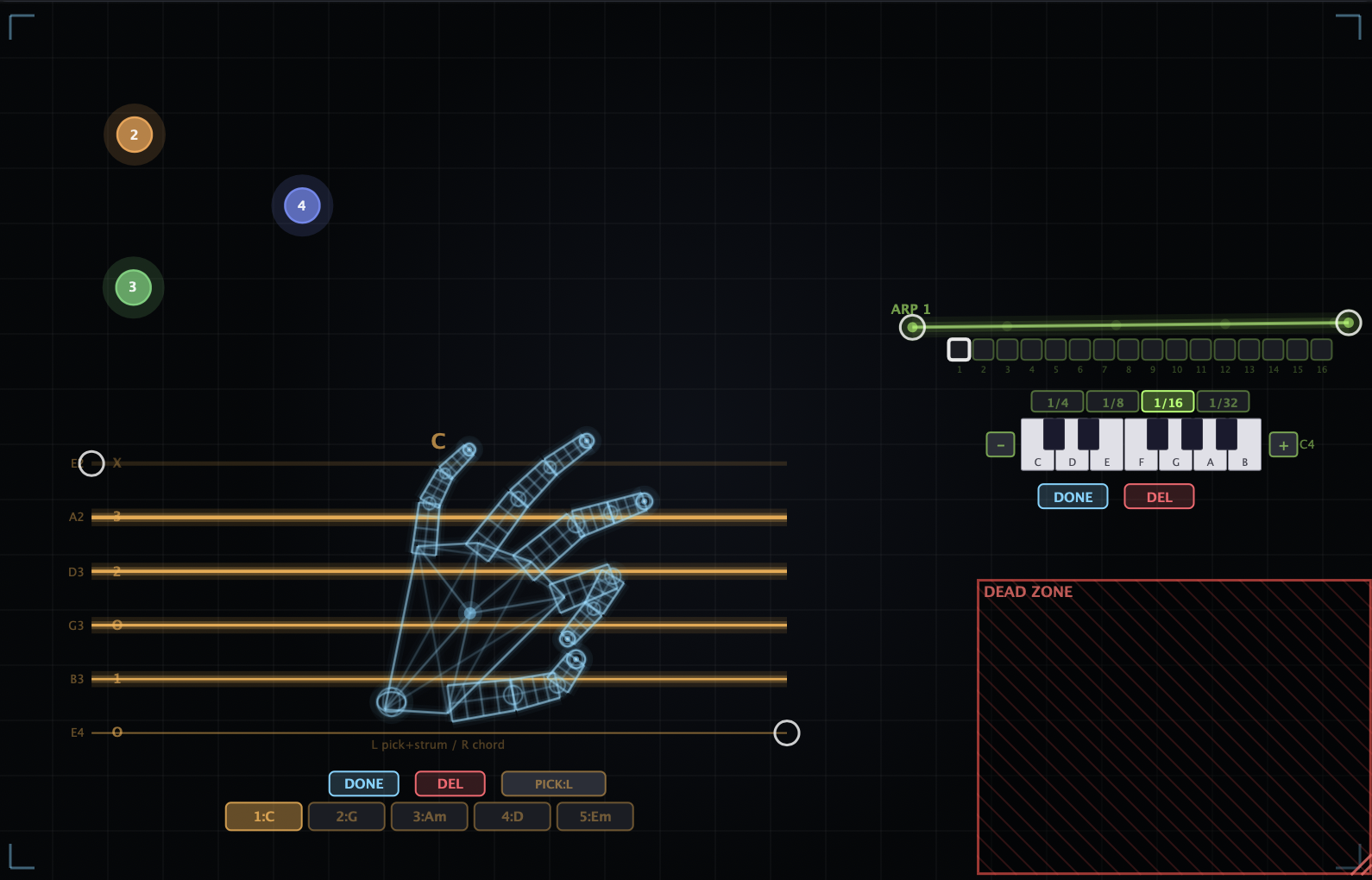 Nimbus guitar strings with chord switching, arp sequencer, sound pads and dead zone