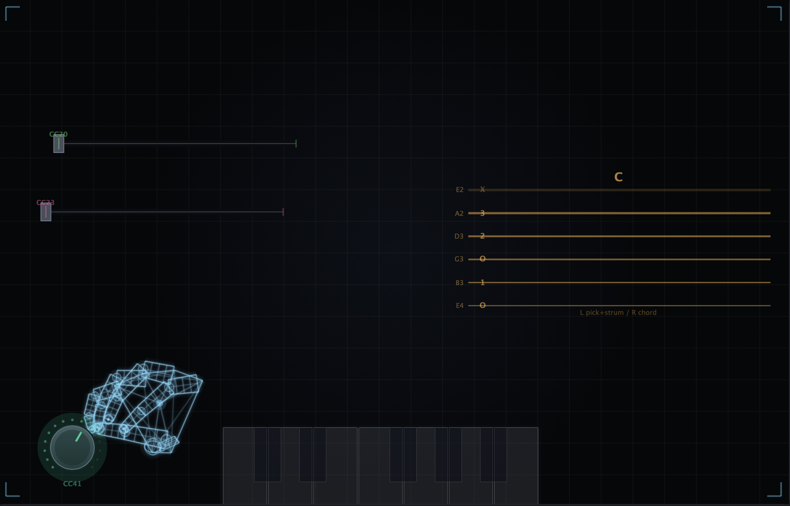 Nimbus canvas with sliders, knobs, guitar strings and piano keyboard