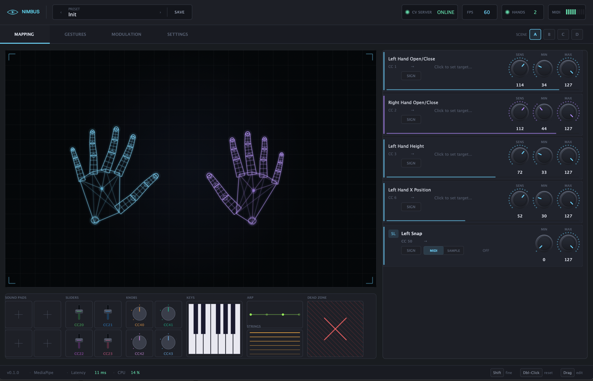 Nimbus plugin interface showing hand tracking with MIDI CC mapping