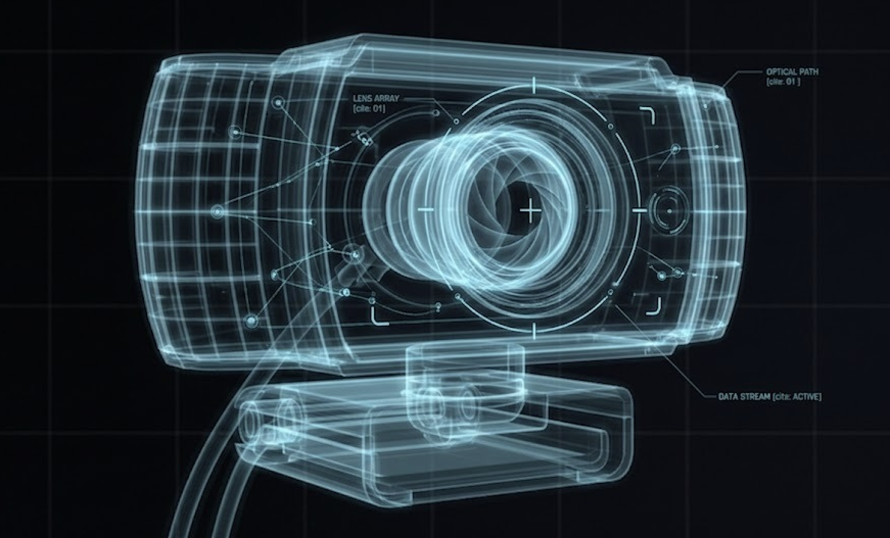 Wireframe 3D webcam with optical path and data stream visualisation